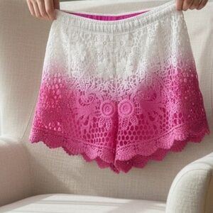 RAGA Pink and White Crochet Boho Shorts - Size Small